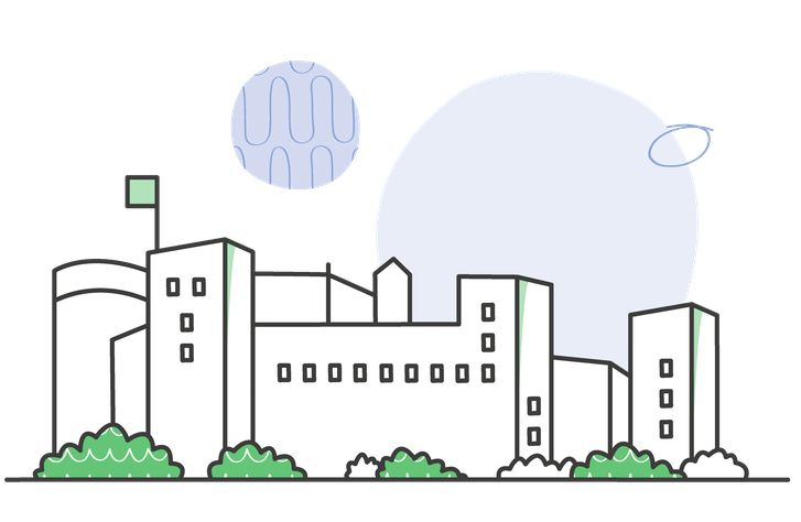 Illustration einer Burg oder Festung mit mehreren Türmen, grüner Fahne und umliegenden Büschen​